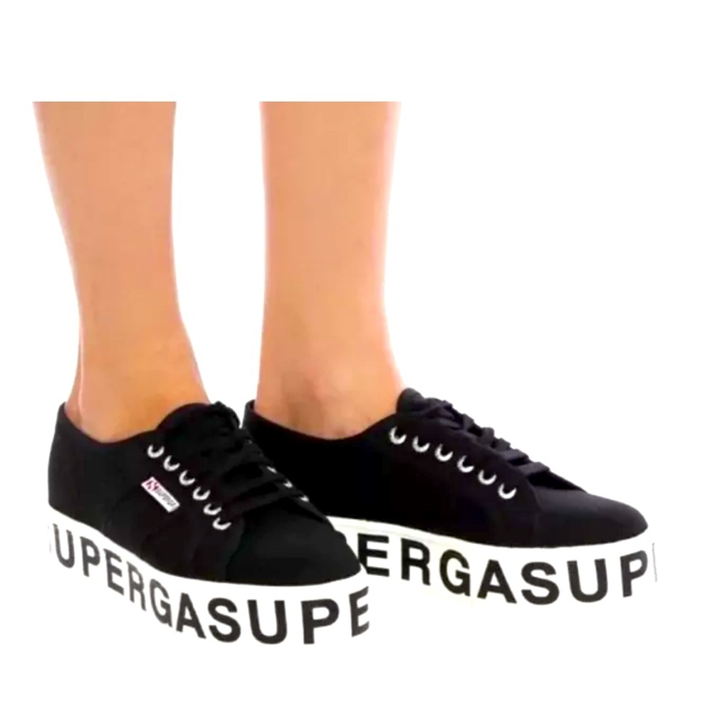 NIB SUPERGA Women's Black Platform Sneaker with Outsole Lettering Size M6.5 W7.5